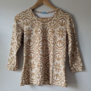 J McLaughlin Catalina Cloth Top Small 3/4 Sleeve Beige White Geometric Classic